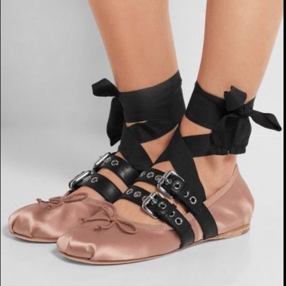 Miu Miu Lace Up Satin Ballet Flats Pink